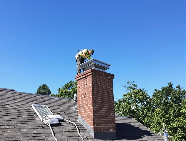 Westwood Chimney Sweep technician measuring a chimney cap in Westwood, MA