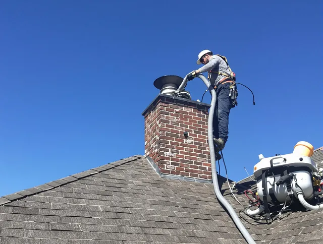 Dedicated Westwood Chimney Sweep team member cleaning a chimney in Westwood, MA