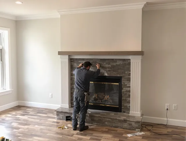 Westwood Chimney Sweep finishing a custom fireplace install in Westwood, MA